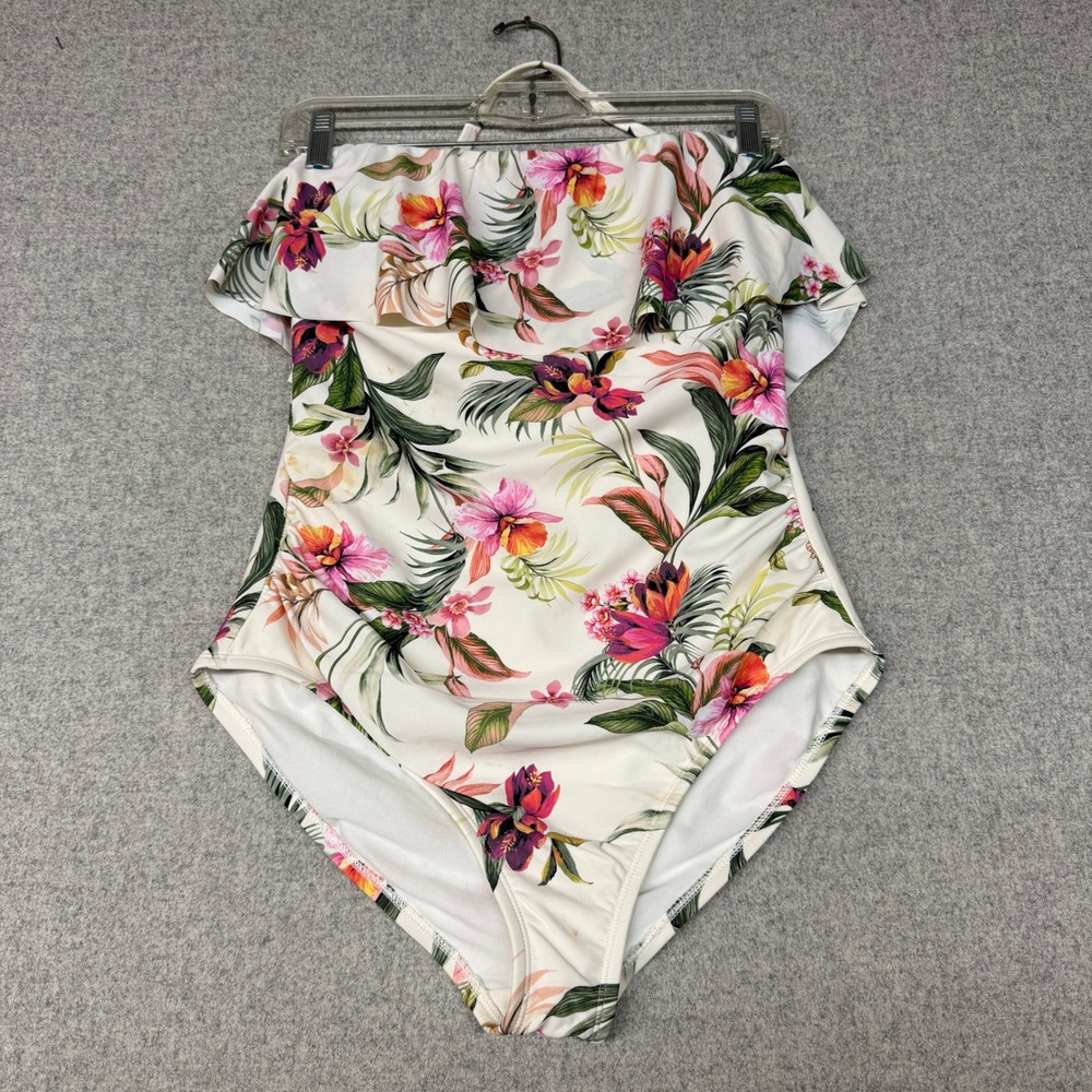 Kona Sol One Piece Swimsuit Size M Cream Floral Ruffle Flounce Halter 2336